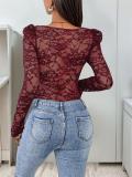 Claret Long Sleeve Lace Sheering Low Cut V Neck Bodycon Party Bodysuits