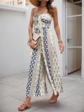Blue Off Shoulder Printed Bow Tie Fashion Summer Holiday Jumpsuits