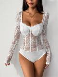 White Long Sleeve Lace Sheering Low Cut V Neck Bodycon Party Bodysuits