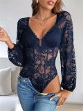 Navy Blue Long Sleeve Lace Hollow Out Casual Sexy Bodysuits