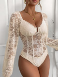 Beige Long Sleeve Lace Hollow Out Casual Sexy Bodysuits