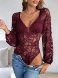 Wine Red Long Sleeve Lace Hollow Out Casual Sexy Bodysuits