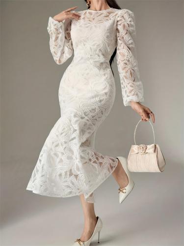 White Lace Embroidery Elegant Women Birthday Party Wedding Maxi Dress