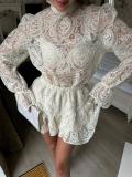 White Two Pieces Lace Hollow Out Tops and Mini Skirt Dress Sets