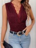 Wine Red Sleeveless Deep V Neck Lace Office Casual Bodysuits