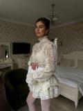 White Two Pieces Lace Hollow Out Tops and Mini Skirt Dress Sets