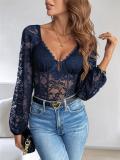 Navy Blue Long Sleeve Lace Hollow Out Casual Sexy Bodysuits