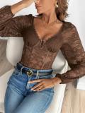 Brown Long Sleeve Lace Hollow Out Casual Sexy Bodysuits