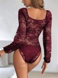 Wine Red Long Sleeve Lace Hollow Out Casual Sexy Bodysuits