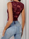Wine Red Sleeveless Deep V Neck Lace Office Casual Bodysuits