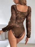 Brown Long Sleeve Lace Hollow Out Casual Sexy Bodysuits