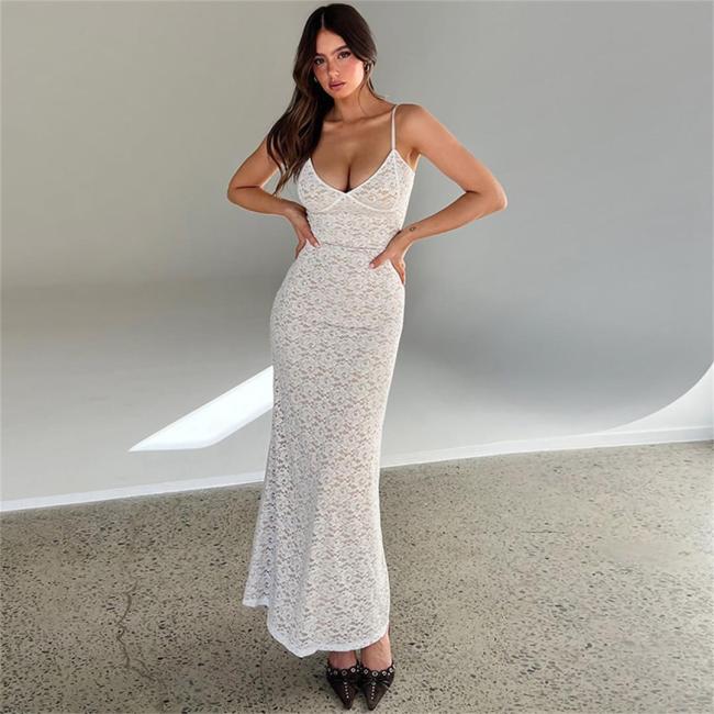 White Straps V Neck Lace Sexy Bodycon Club Formal Dress