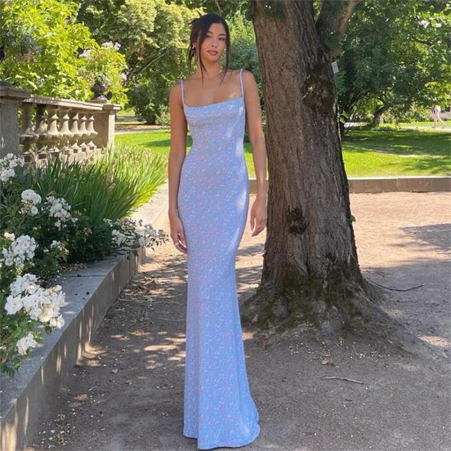 Blue Straps Boat Neck Print Floral Pleated Vacation Maxi Dress