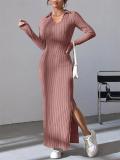 Pink Knit Long Sleeve V Neck Bodycon Split Casual Midi Party Dress