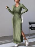 Green Knit Long Sleeve V Neck Bodycon Split Casual Midi Party Dress
