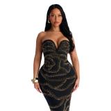 Gold Off Shoulder Diamonds Bodycon Evening Party Birthday Midi Dress