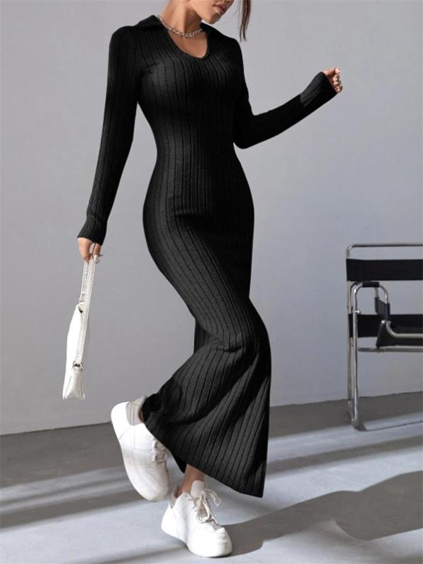 Black Knit Long Sleeve V Neck Bodycon Split Casual Midi Party Dress