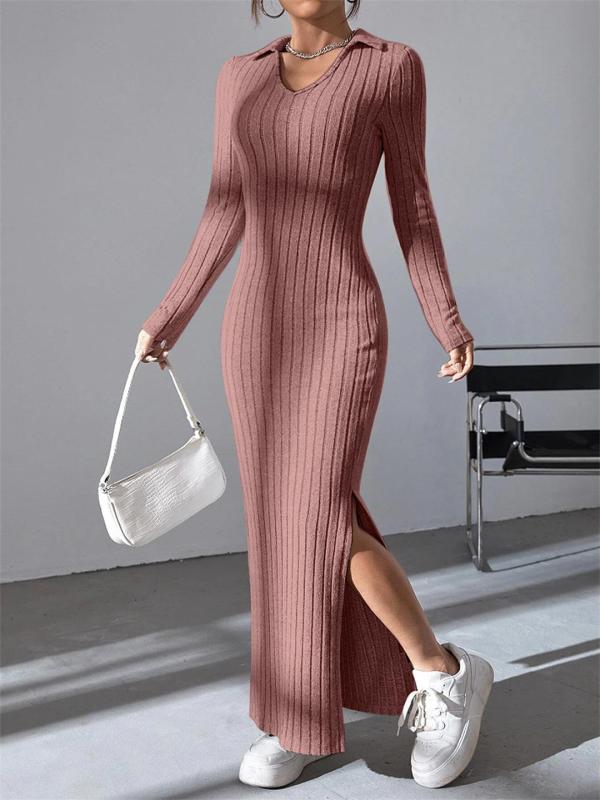 Pink Knit Long Sleeve V Neck Bodycon Split Casual Midi Party Dress