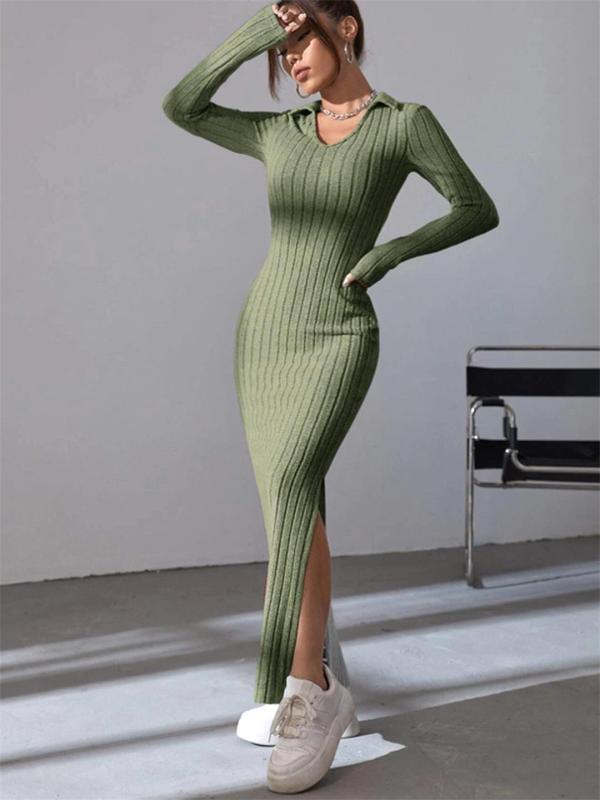 Green Knit Long Sleeve V Neck Bodycon Split Casual Midi Party Dress
