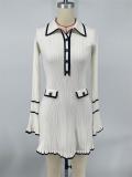 Beige Long Sleeve Button Knitted Ruffles Mini Skirt Dress