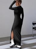 Black Knit Long Sleeve V Neck Bodycon Split Casual Midi Party Dress
