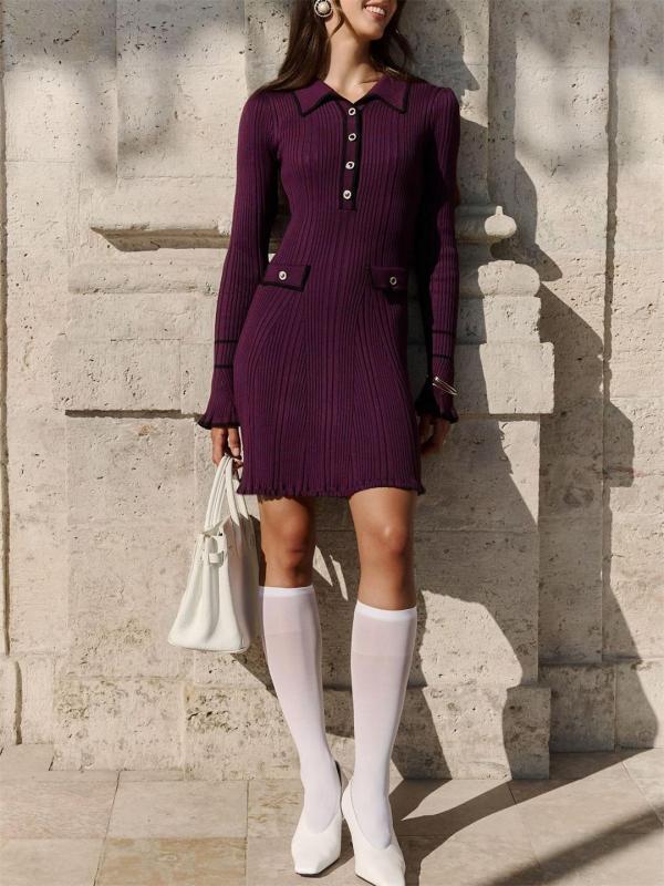 Wine Red Long Sleeve Button Knitted Ruffles Mini Skirt Dress
