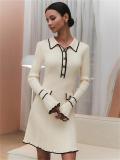 Beige Long Sleeve Button Knitted Ruffles Mini Skirt Dress