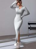 Gray Knit Long Sleeve V Neck Bodycon Split Casual Midi Party Dress