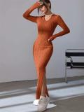 Brown Knit Long Sleeve V Neck Bodycon Split Casual Midi Party Dress