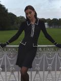 Black Long Sleeve Button Knitted Ruffles Mini Skirt Dress