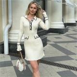 Beige Long Sleeve Button Knitted Ruffles Mini Skirt Dress