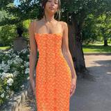 Orange Straps Boat Neck Print Floral Pleated Vacation Maxi Dress