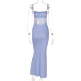 Blue Straps Boat Neck Print Floral Pleated Vacation Maxi Dress