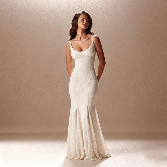 White Straps Low Cut Lace Bodycon Luxury Bandage Evening Party Birthday Formal Dress