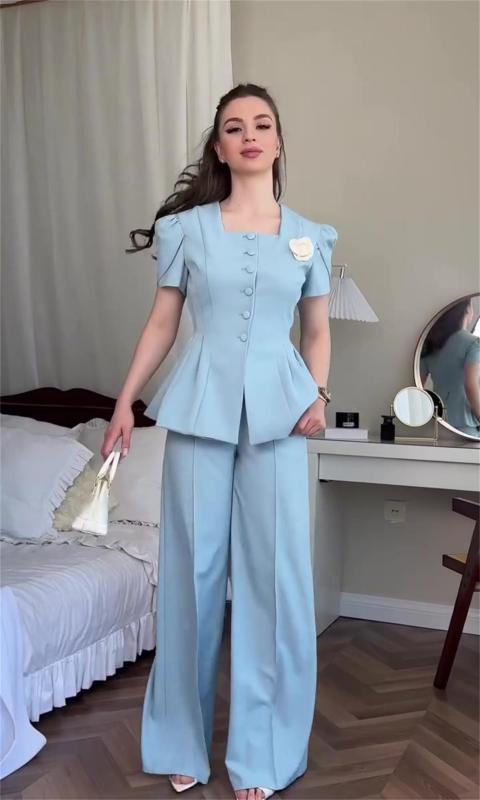 Sky Blue Two Pieces Elegant Women French Styles Short Sleeve Coat Fashion Long Pant Sets