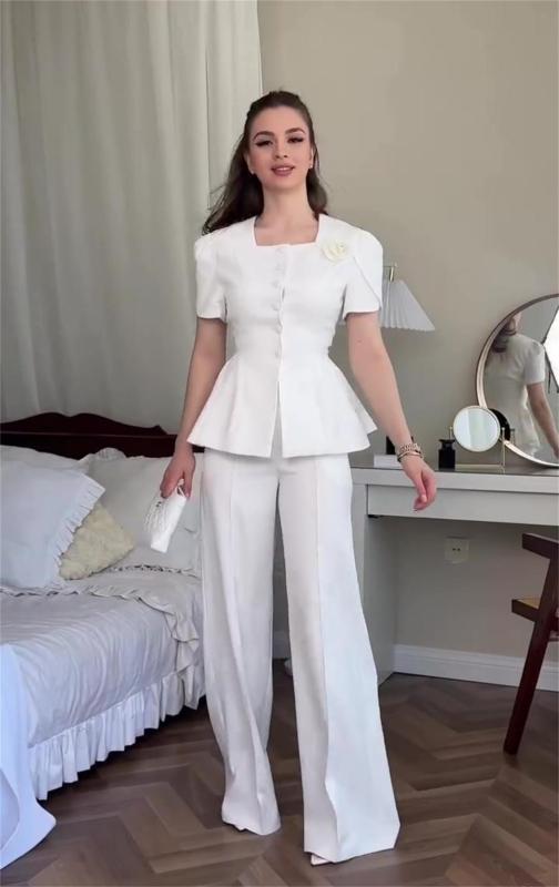 White Two Pieces Elegant Women French Styles Short Sleeve Coat Fashion Long Pant Sets