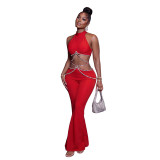 Red Sleeveless Hollow Out Diamonds Sexy Bodycon Street Party Jumpsuits