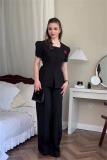 Black Two Pieces Elegant Women French Styles Short Sleeve Coat Fashion Long Pant Sets