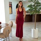 Wine Red Halter Lace V Neck Backless Patchwork Bodycon Party Maxi Dress