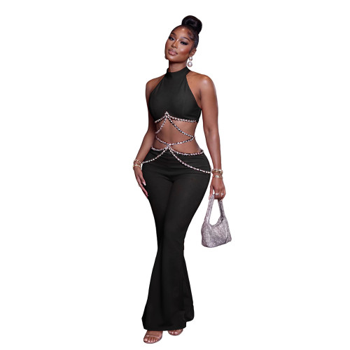 Black Sleeveless Hollow Out Diamonds Sexy Bodycon Street Party Jumpsuits