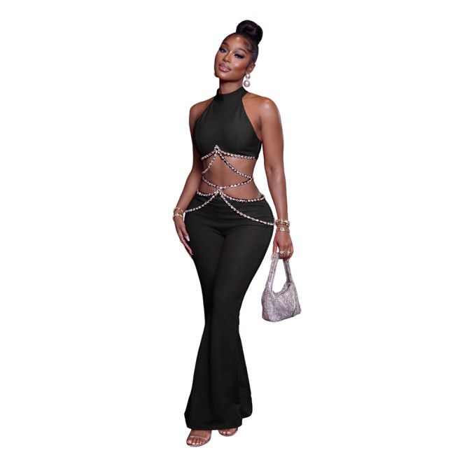 Black Sleeveless Hollow Out Diamonds Sexy Bodycon Street Party Jumpsuits