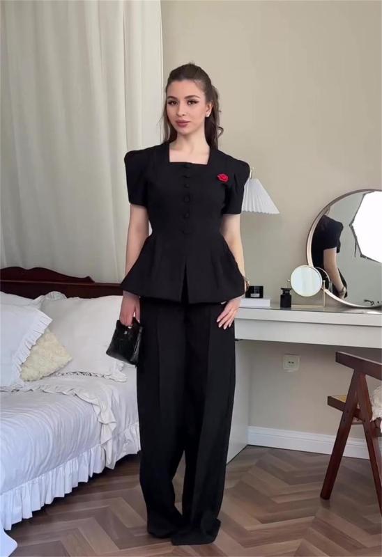 Black Two Pieces Elegant Women French Styles Short Sleeve Coat Fashion Long Pant Sets