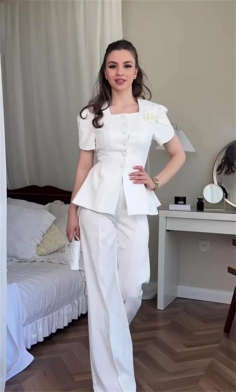 White Two Pieces Elegant Women French Styles Short Sleeve Coat Fashion Long Pant Sets
