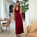 Wine Red Halter Lace V Neck Backless Patchwork Bodycon Party Maxi Dress