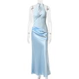 Blue Halter Lace V Neck Backless Patchwork Bodycon Party Maxi Dress