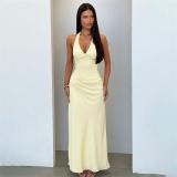 Yellow Halter Lace V Neck Backless Patchwork Bodycon Party Maxi Dress