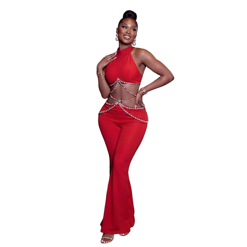 Red Sleeveless Hollow Out Diamonds Sexy Bodycon Street Party Jumpsuits
