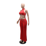 Red Sleeveless Hollow Out Diamonds Sexy Bodycon Street Party Jumpsuits