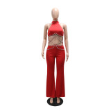 Red Sleeveless Hollow Out Diamonds Sexy Bodycon Street Party Jumpsuits