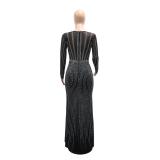 Black Mesh Long Sleeve Diamonds Bodycon Split Luxury Evening Maxi Dress
